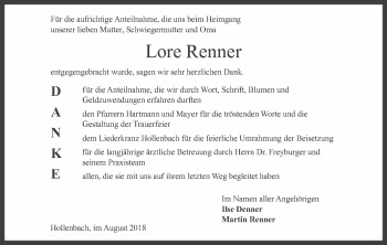 Traueranzeige von Lore Renner 