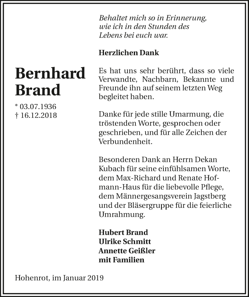  Traueranzeige für Bernhard Brand vom 21.01.2019 aus 