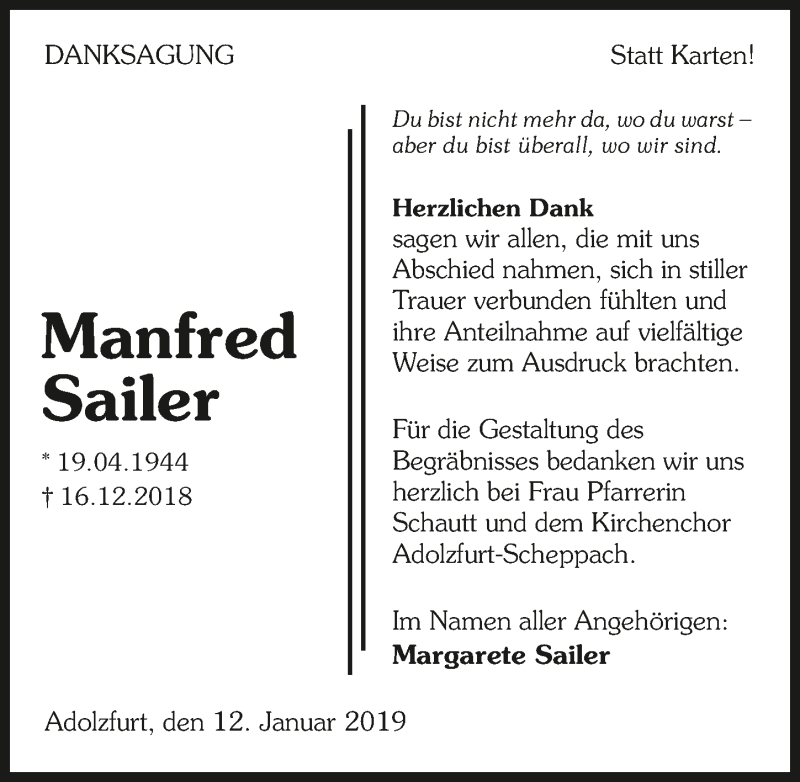  Traueranzeige für Margarete Sailer vom 12.01.2019 aus 