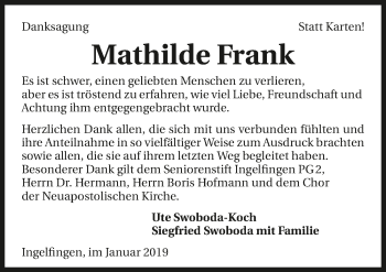 Traueranzeige von Mathilde Frank 