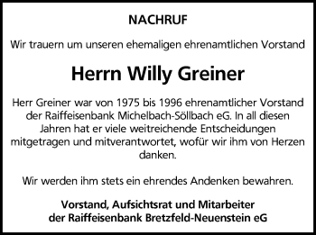 Traueranzeige von Willy Greiner 