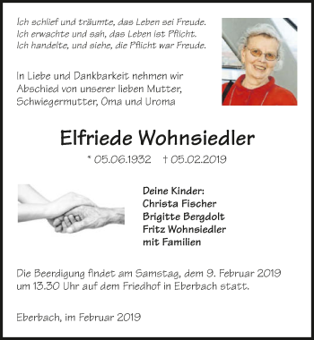 Traueranzeige von Elfriede Wohnsiedler 
