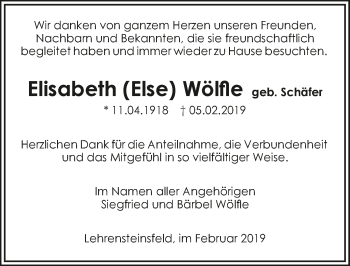 Traueranzeige von Elisabeth Wölfle 