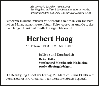 Traueranzeige von Herbert Haag 