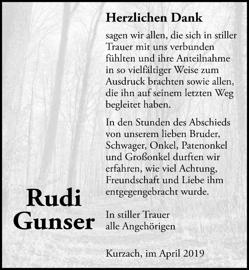  Traueranzeige für Rudi Gunser vom 26.04.2019 aus 