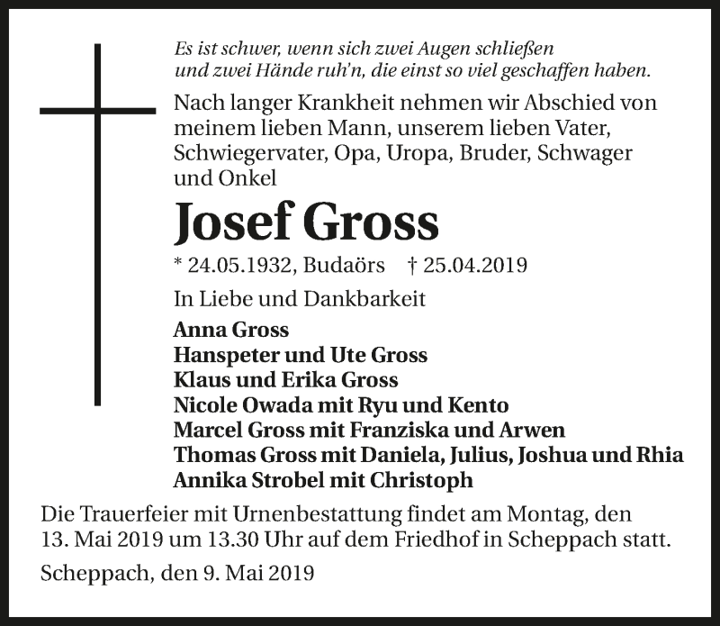  Traueranzeige für Josef Gross vom 09.05.2019 aus 