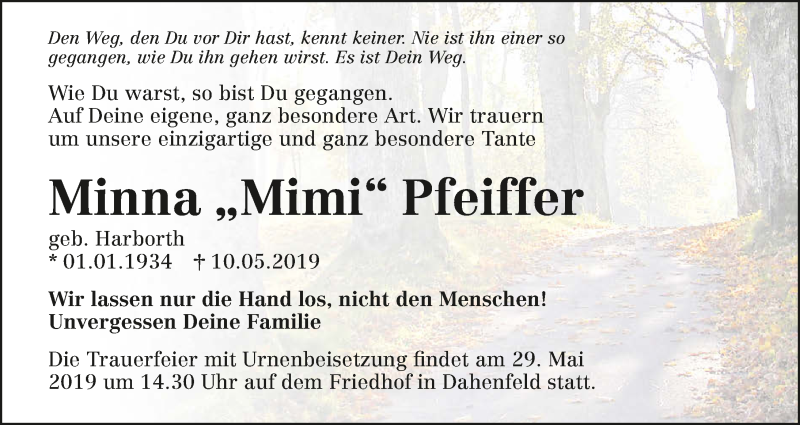  Traueranzeige für Minna Pfeiffer vom 23.05.2019 aus 