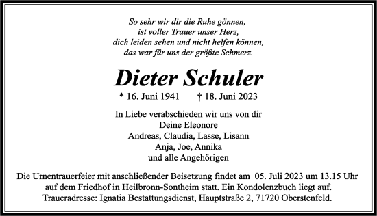Traueranzeige von Dieter Schuler von GESAMT
