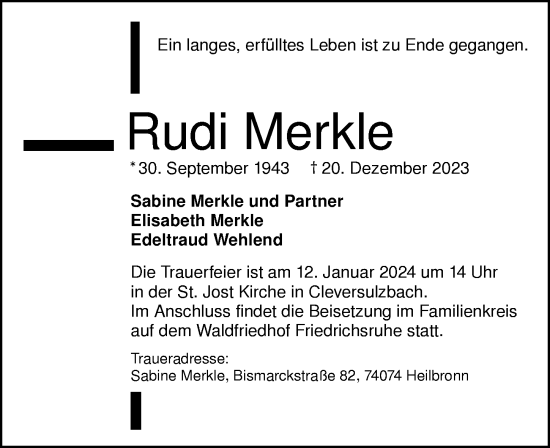 Traueranzeige von Rudi Merkle von GESAMT