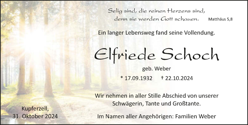  Traueranzeige für Elfriede Schoch vom 31.10.2024 aus GESAMT
