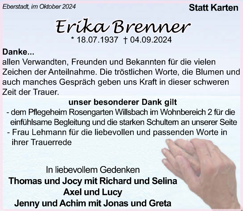  Traueranzeige für Erika Brenner vom 05.10.2024 aus GESAMT