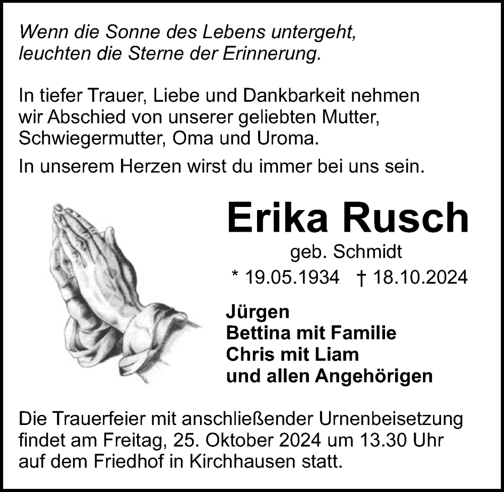  Traueranzeige für Erika Rusch vom 22.10.2024 aus GESAMT