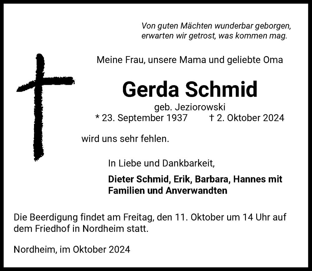  Traueranzeige für Gerda Schmid vom 08.10.2024 aus GESAMT