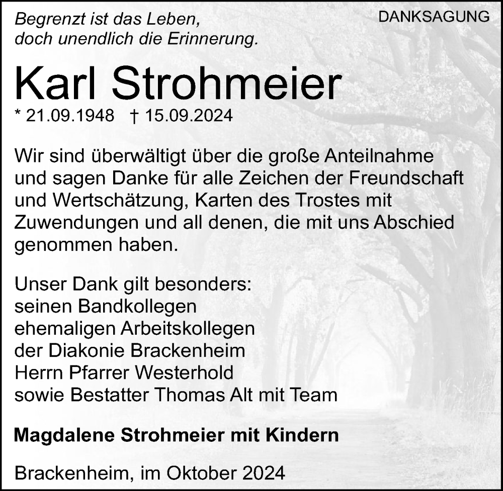  Traueranzeige für Karl Strohmeier vom 19.10.2024 aus GESAMT