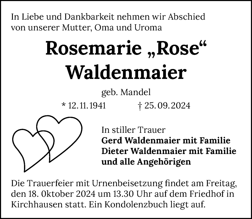  Traueranzeige für Rosemarie Waldenmaier vom 12.10.2024 aus GESAMT