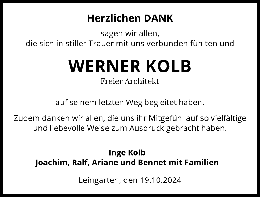  Traueranzeige für Werner Kolb vom 19.10.2024 aus GESAMT