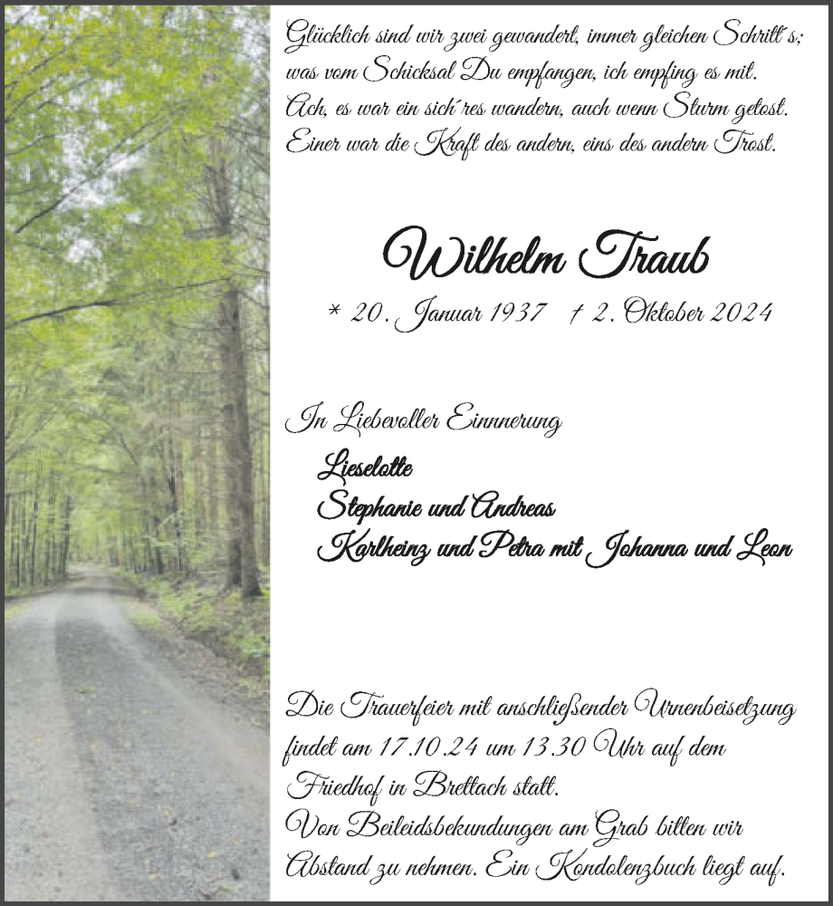  Traueranzeige für Wilhelm Traub vom 14.10.2024 aus GESAMT