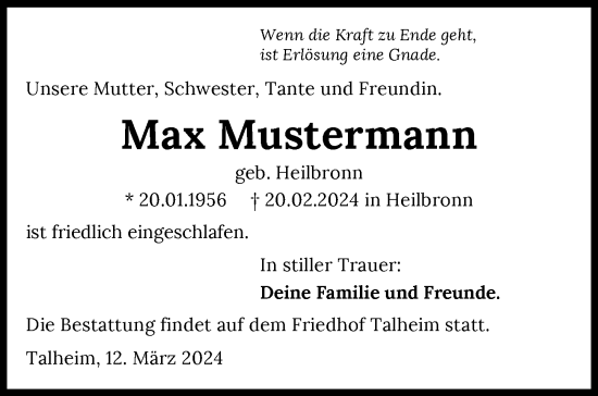 Traueranzeige von Max Mustermann 