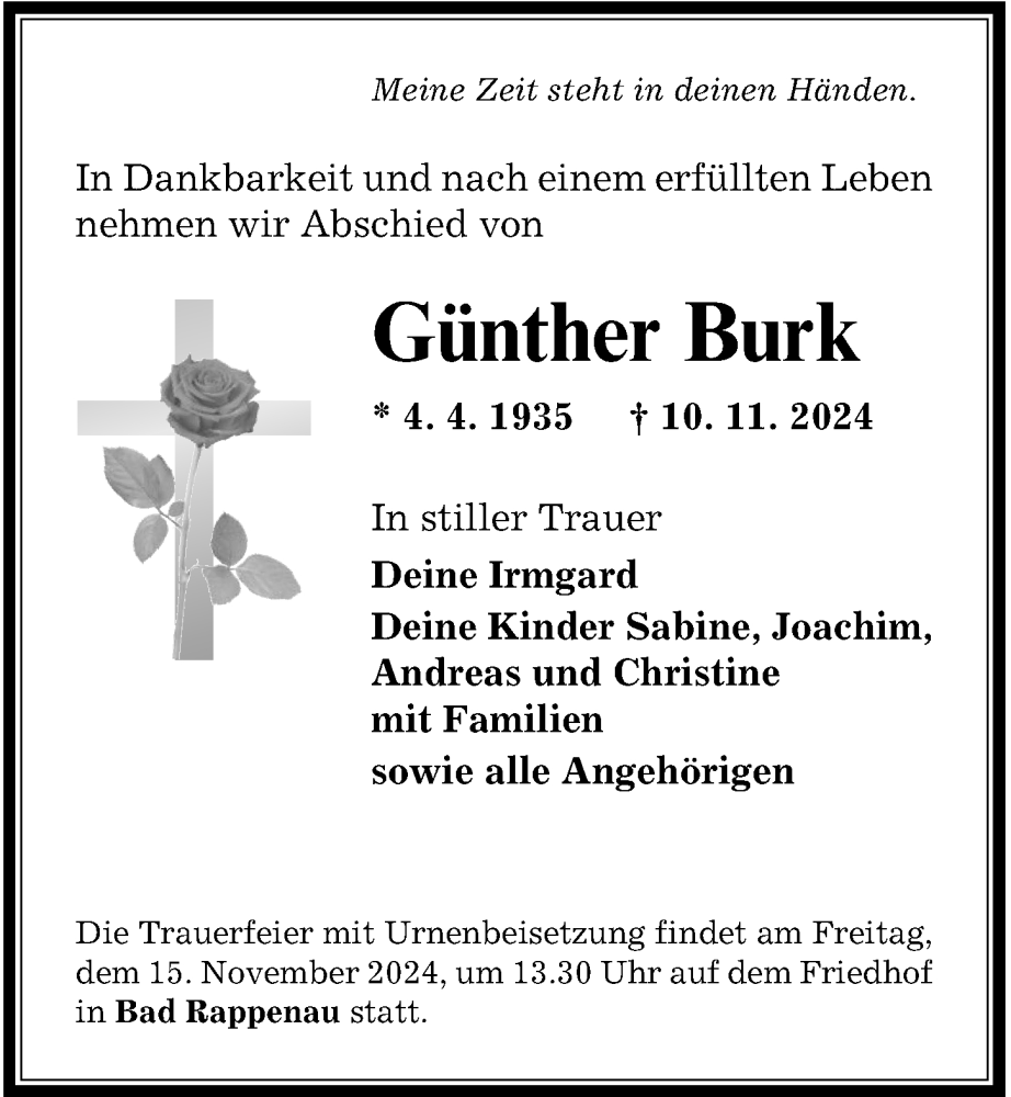  Traueranzeige für Günther Burk vom 12.11.2024 aus GESAMT