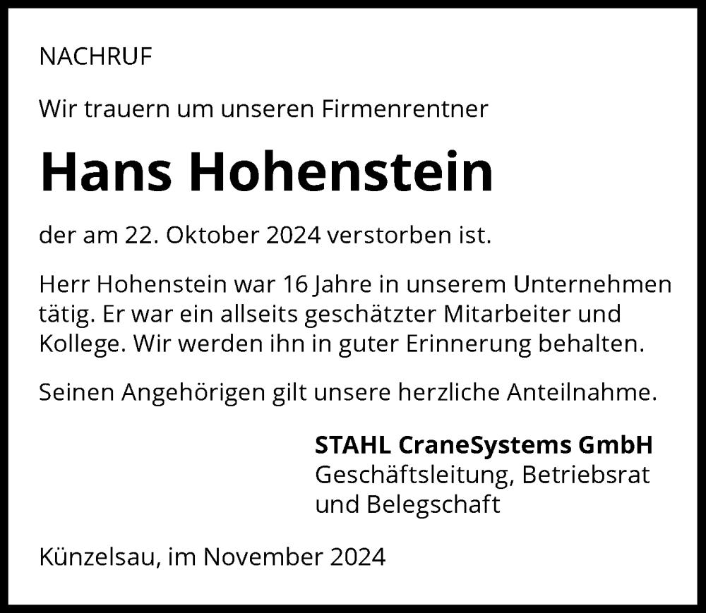  Traueranzeige für Hans Hohenstein vom 16.11.2024 aus GESAMT