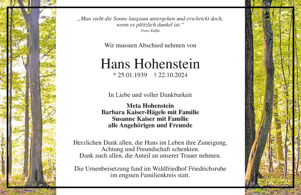  Traueranzeige für Hans Hohenstein vom 16.11.2024 aus GESAMT