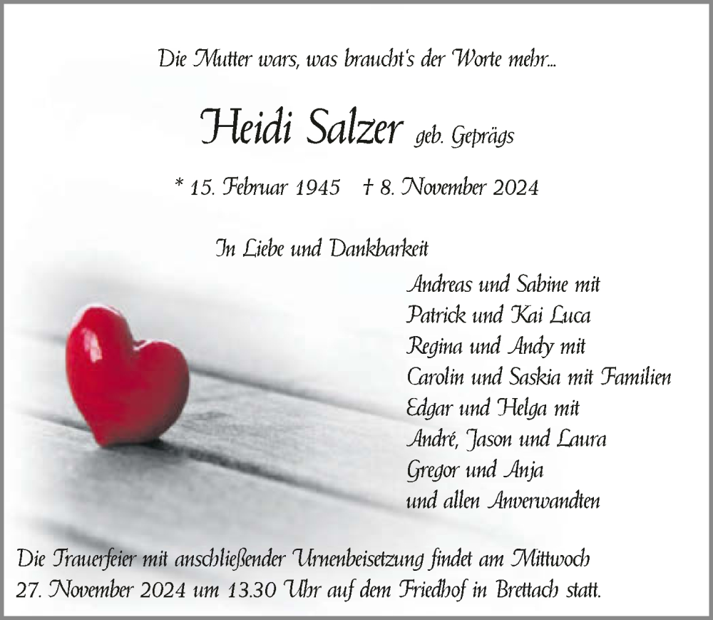  Traueranzeige für Heidi Salzer vom 26.11.2024 aus GESAMT