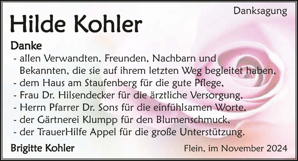  Traueranzeige für Hilde Kohler vom 09.11.2024 aus GESAMT