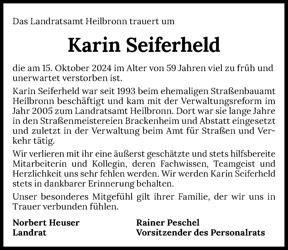  Traueranzeige für Karin Seiferheld vom 02.11.2024 aus GESAMT