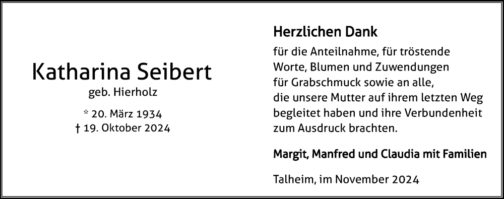  Traueranzeige für Katharina Seibert vom 16.11.2024 aus GESAMT