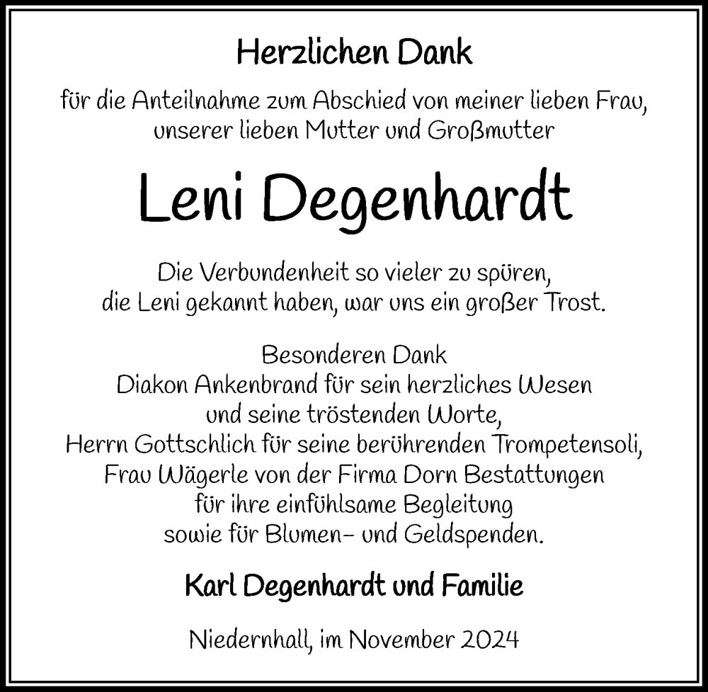 Traueranzeige für Leni Degenhardt vom 16.11.2024 aus GESAMT