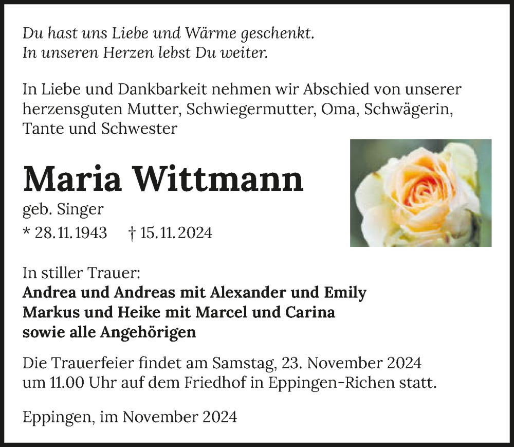  Traueranzeige für Maria Wittmann vom 20.11.2024 aus GESAMT