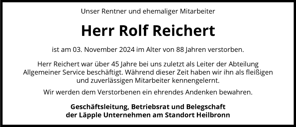  Traueranzeige für Rolf Reichert vom 16.11.2024 aus GESAMT