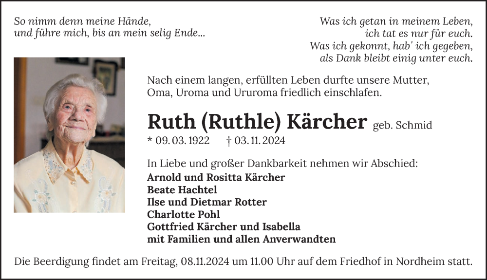  Traueranzeige für Ruth Kärcher vom 06.11.2024 aus GESAMT