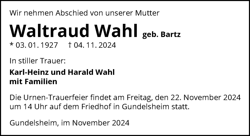 Traueranzeige für Waltraud Wahl vom 16.11.2024 aus GESAMT