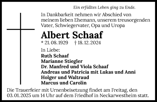 Traueranzeige von Albert Schaaf von GESAMT