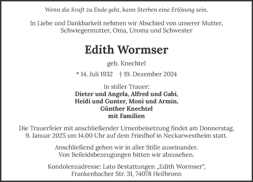  Traueranzeige für Edith Wormser vom 28.12.2024 aus GESAMT