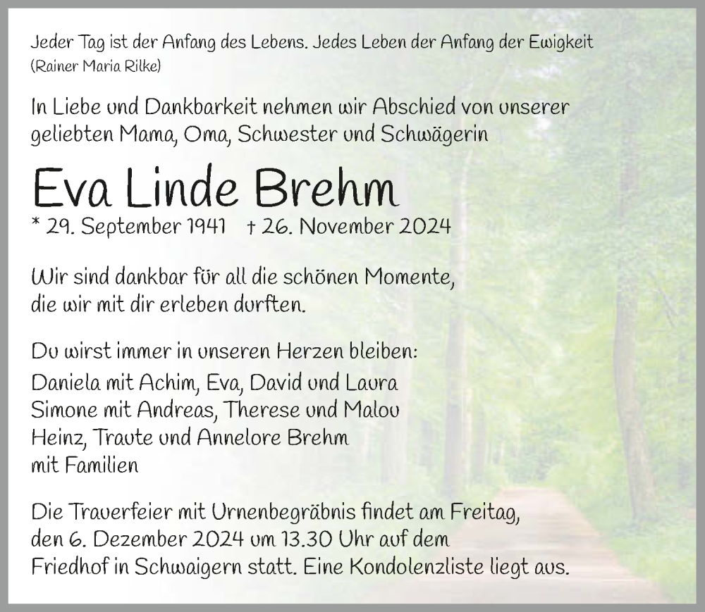  Traueranzeige für Eva Linde Brehm vom 04.12.2024 aus GESAMT