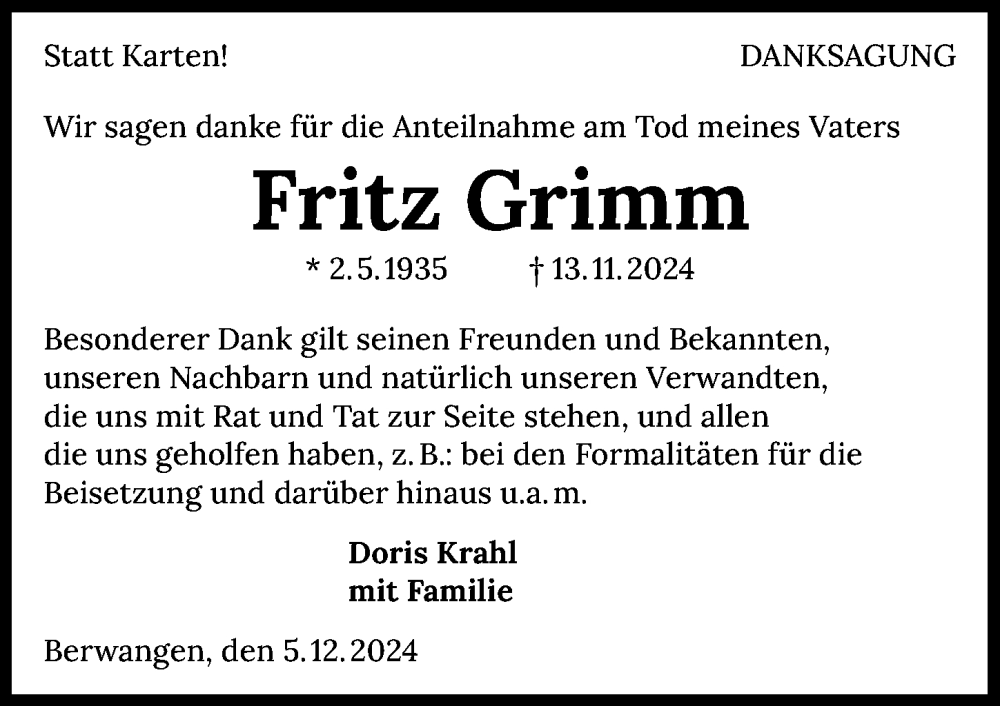  Traueranzeige für Friedrich Alfred Grimm vom 07.12.2024 aus GESAMT