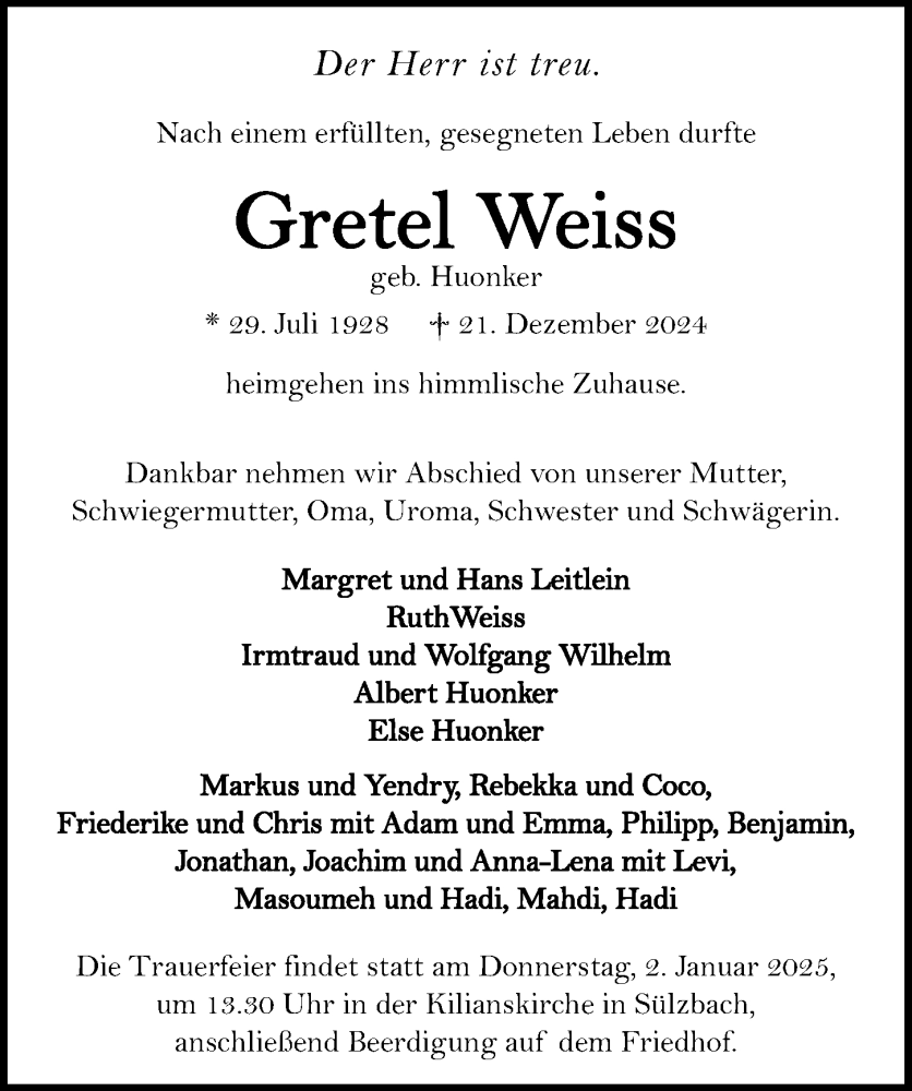 Traueranzeige für Gretel Weiss vom 28.12.2024 aus GESAMT