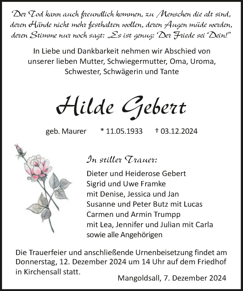  Traueranzeige für Hilde Gebert vom 07.12.2024 aus GESAMT