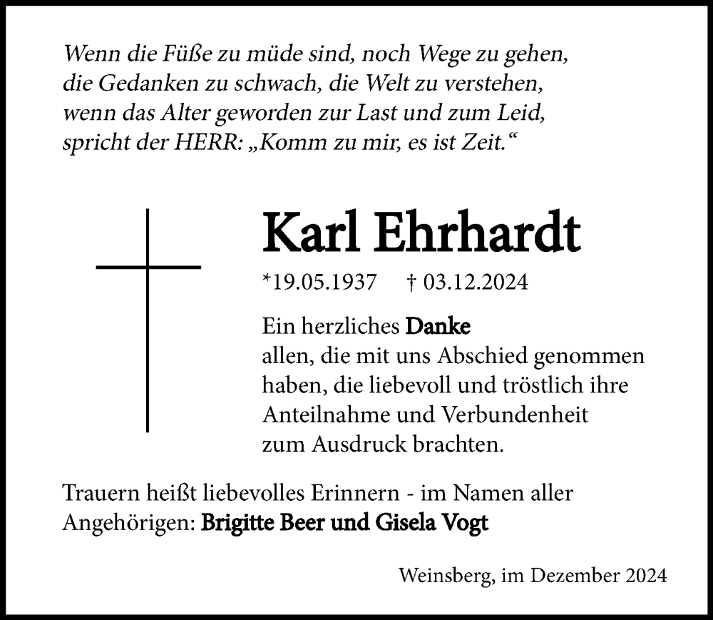  Traueranzeige für Karl Ehrhardt vom 28.12.2024 aus GESAMT