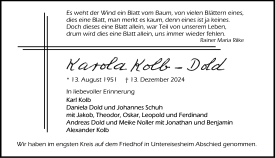 Traueranzeige von Karola Kolb-Dold von GESAMT