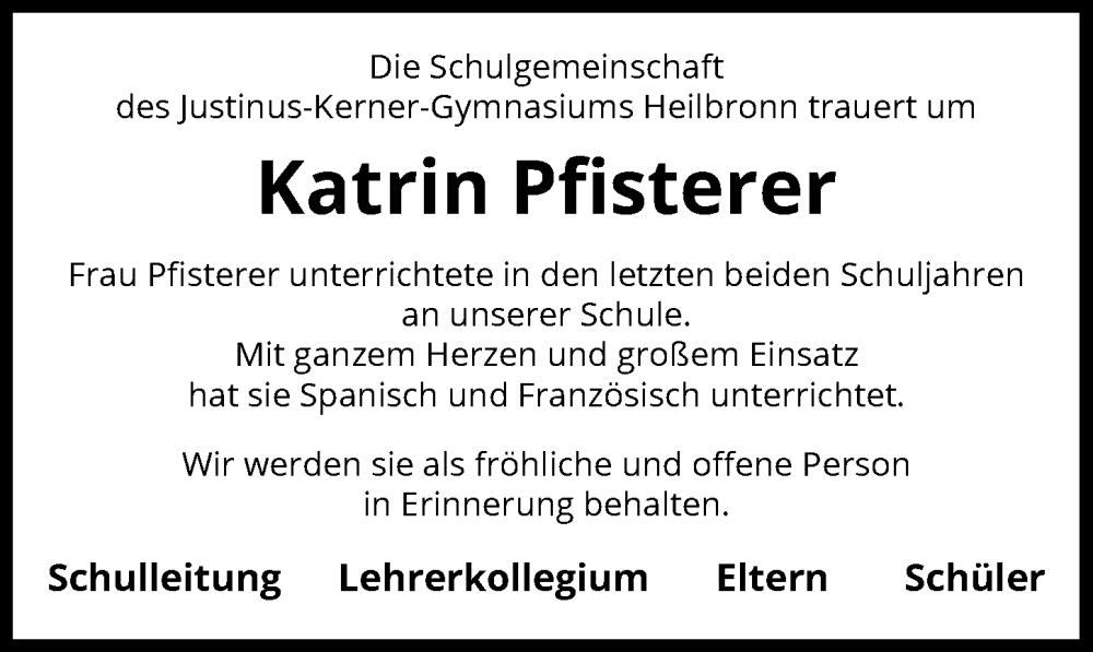  Traueranzeige für Katrin Pfisterer vom 07.12.2024 aus GESAMT