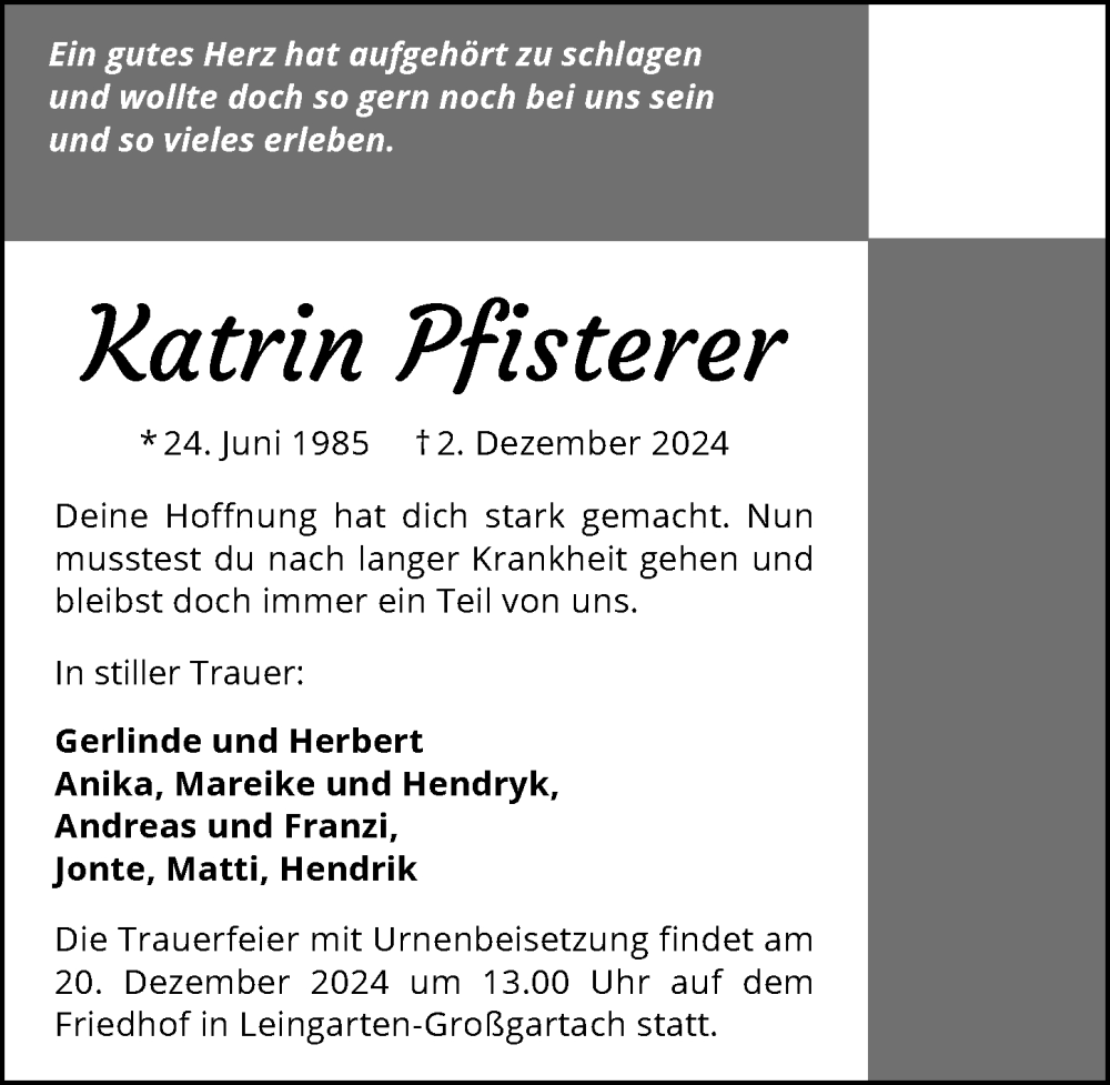  Traueranzeige für Katrin Pfisterer vom 07.12.2024 aus GESAMT
