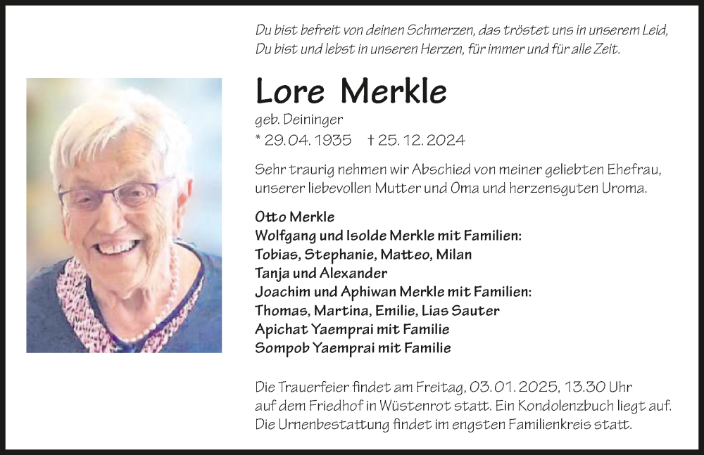  Traueranzeige für Lore Merkle vom 31.12.2024 aus GESAMT
