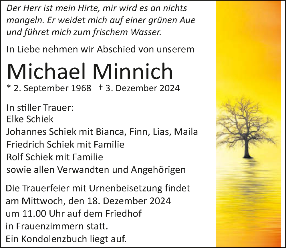  Traueranzeige für Michael Minnich vom 14.12.2024 aus GESAMT