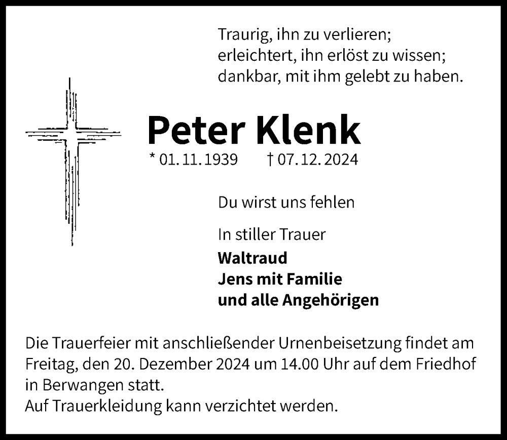  Traueranzeige für Peter Klenk vom 14.12.2024 aus GESAMT