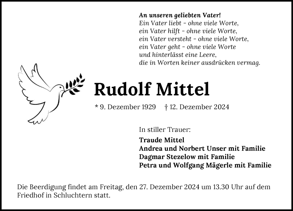  Traueranzeige für Rudolf Mittel vom 21.12.2024 aus GESAMT