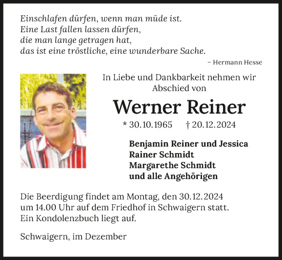 Traueranzeige von Werner Reiner von GESAMT