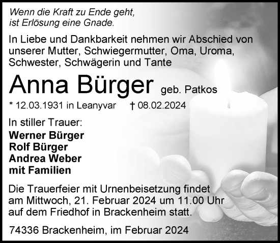 Traueranzeige von Anna Bürger von GESAMT